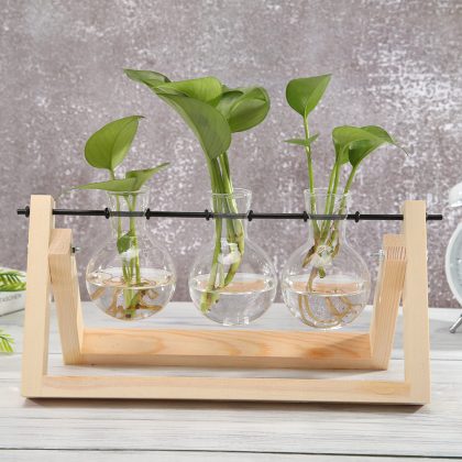 Transparent Glass Vase Wood Frame Iron Art Terrarium Bonsai Table